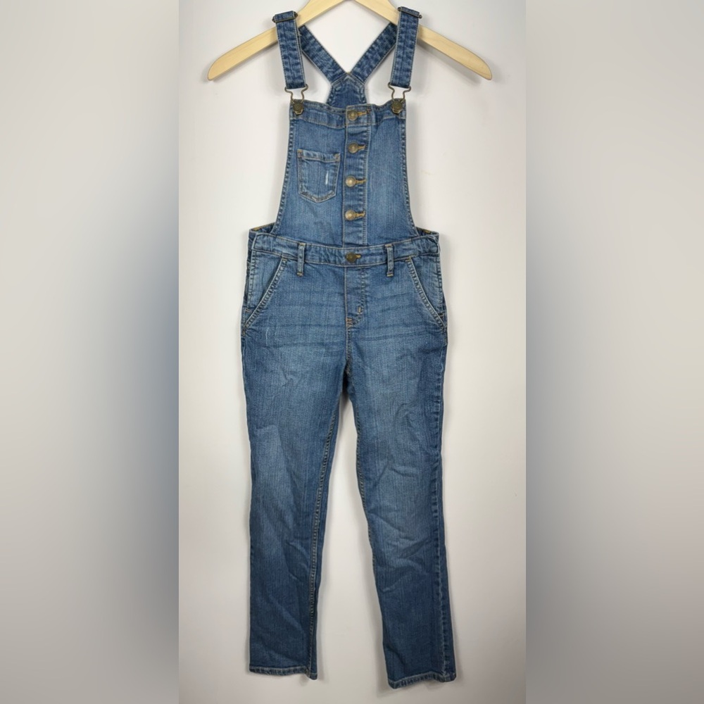 GAP Kids Girls Blue Stretch Button Front Snap Side Denim Bib Overalls Size 12